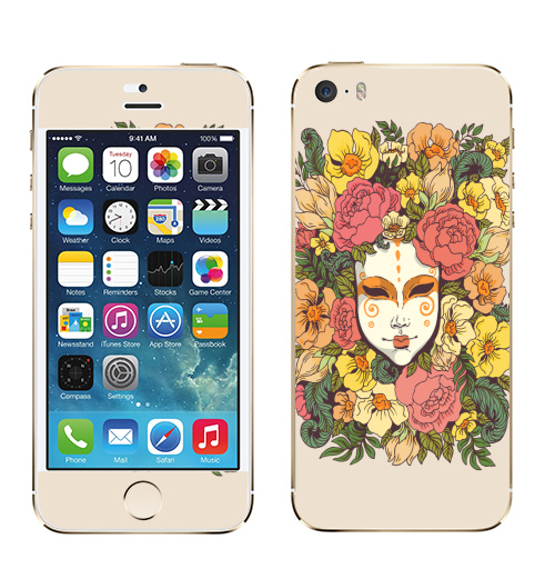 Наклейка на Телефон Apple iPhone 5S, 5SE Цветочная маска,  купить в Москве – интернет-магазин Allskins, весна, лицо, цветы, маска, узор, декоративный, растение, букет, желтый