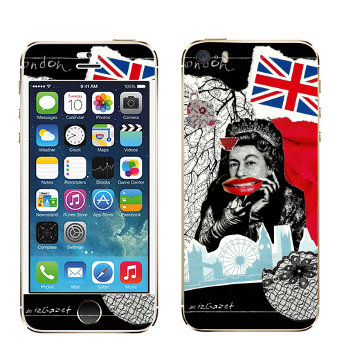 Наклейка на Телефон Apple iPhone 5S, 5SE LONDONQUEEN,  купить в Москве – интернет-магазин Allskins, ИЗОБРАЗИТЕЛЬНОЕ ИСКУССТВО, коллаж, мода, Англия, ПОП АРТ, черный