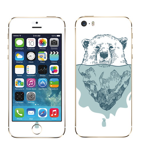 Наклейка на Телефон Apple iPhone 5S, 5SE Полярный медведь,  купить в Москве – интернет-магазин Allskins, белый, медведь, полярный, лёд, вода, голубой, бирюзовый, крутые животные