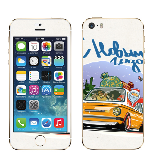 Наклейка на Телефон Apple iPhone 5S, 5SE Новогоднее ралли,  купить в Москве – интернет-магазин Allskins, новый год, дед, мороз, ралли, автомобиль, Запорожец, запрожец