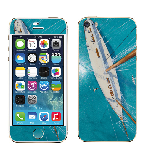 Наклейка на Телефон Apple iPhone 5S, 5SE Каникулы на яхте,  купить в Москве – интернет-магазин Allskins, аникулыы, отдых, вода, бирюзовый, мачты, лазурный, белый, морская, яхта