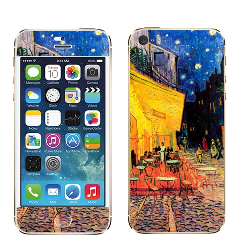 Наклейка на Телефон Apple iPhone 5S, 5SE Ночная террасса кафе. Ван Гог,  купить в Москве – интернет-магазин Allskins, позитив, жизнерадостный, Ночнаятеррасса, Ван Гог, живописный, желтый, синий, красный, живопись, художник, художественный, мазки, кафе, ночь, плакат