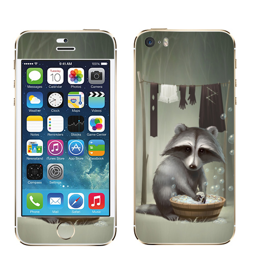 Наклейка на Телефон Apple iPhone 5S, 5SE Енот полоскун,  купить в Москве – интернет-магазин Allskins, милые животные, прикол, животные, лес, пузырьки, мыльный, стирка, енот