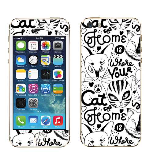 Наклейка на Телефон Apple iPhone 5S, 5SE Твой дом там, где твой кот живет. Белый цвет,  купить в Москве – интернет-магазин Allskins, черно-белое, надписи на английском, надписи, монохромный, белый, черный, кошка, котята