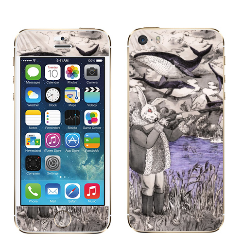 Наклейка на Телефон Apple iPhone 5S, 5SE Разлетались тут,  купить в Москве – интернет-магазин Allskins, дед, злой_кролик, заяц, летающие_киты, киты, ружьё