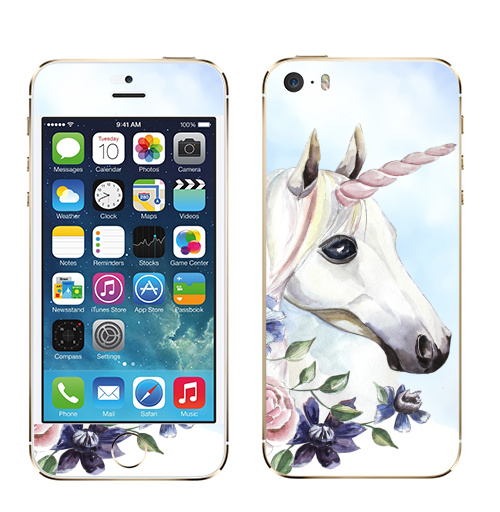 Наклейка на Телефон Apple iPhone 5S, 5SE Единорог в цветах,  купить в Москве – интернет-магазин Allskins, единорог, цветы, акварель, васильки, василек, розовый, голубой, пастельный, лошадь
