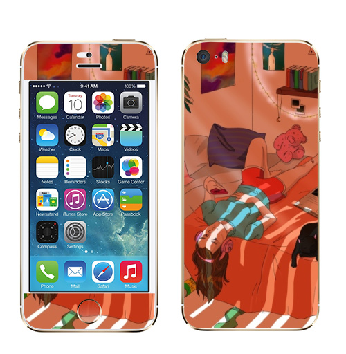 Наклейка на Телефон Apple iPhone 5S, 5SE Комната,  купить в Москве – интернет-магазин Allskins, лето, оранжевый, кошка, молота, мило, уют, искусство, иллюстация, гирлянда, светлый, девушка