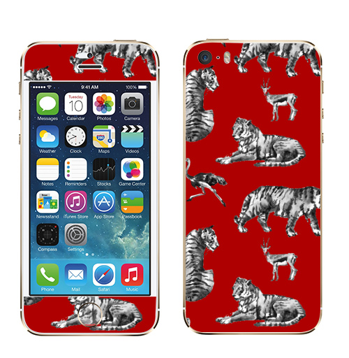 Наклейка на Телефон Apple iPhone 5S, 5SE Тигры на красном,  купить в Москве – интернет-магазин Allskins, зверушки, африка, Саванна, антилопа, дикая, природа, фауна, хищник, добыча