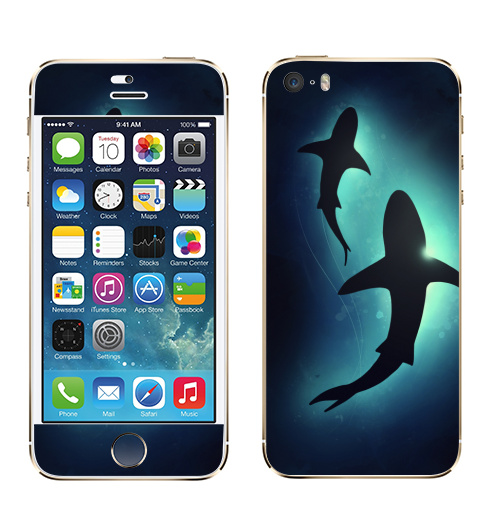 Наклейка на Телефон Apple iPhone 5S, 5SE Черные акулы,  купить в Москве – интернет-магазин Allskins, брызги, акварель, иллюстация, паттерн, солнце, вода, оекан, морская, рыба, акула