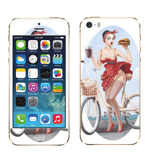 Наклейка на Телефон Apple iPhone 5S, 5SE Девушка кушает бургер на велосипеде,  купить в Москве – интернет-магазин Allskins, девушка, бургер, велосипед, гозировка, платье, пин ап, красный, губы, горошек, позитив, веселый, радость, еда