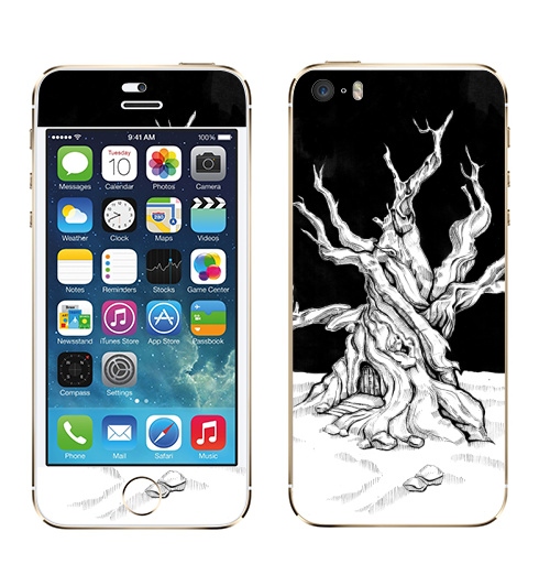 Наклейка на Телефон Apple iPhone 5S, 5SE Старое дерево с дверью и ветками черно-белое,  купить в Москве – интернет-магазин Allskins, лес, ветка, черно-белое, графика, гравюра, дверь, черный_фон