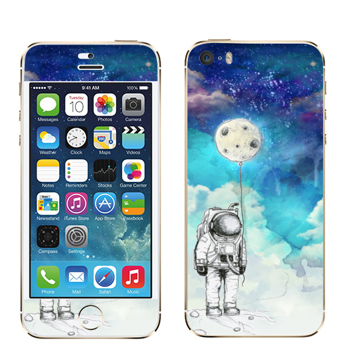 Наклейка на Телефон Apple iPhone 5S, 5SE Космонавт на луне,  купить в Москве – интернет-магазин Allskins, луна, космонавтика, космонавтики, воздушныйшар, небо, ночноенебо, пейзаж, акварель, сюрреализм, голубой, синий, фиолетовый, стильно, яркий, роскошно, дорого, для_влюбленных, длявсех, космос