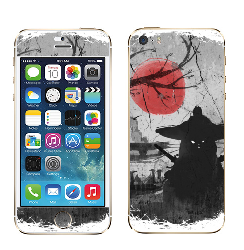Наклейка на Телефон Apple iPhone 5S, 5SE Японский Кот Самурай,  купить в Москве – интернет-магазин Allskins, кот самурай, сакура, черный, клан, луна, katana, ниндзя, самурай, Япония, кошка, сарказм