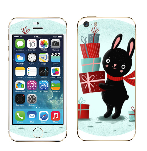 Наклейка на Телефон Apple iPhone 5S, 5SE Черный кролик с подарками,  купить в Москве – интернет-магазин Allskins, кролики, заяц, читатель, новый год, символ, черный, красный, бирюзовый, символ_года, подарки
