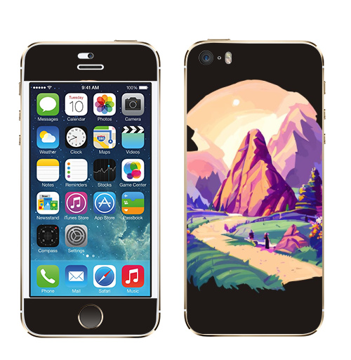Наклейка на Телефон Apple iPhone 5S, 5SE Летний горный пейзаж,  купить в Москве – интернет-магазин Allskins, поп-арт, читатель, лето, путешествия, яркий, модный, стильно, молодежный, бежевый, зеленый, фиолетовый, природный, горы, хиппи