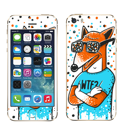 Наклейка на Телефон Apple iPhone 5S, 5SE WTF?,  купить в Москве – интернет-магазин Allskins, милые животные, 300 Лучших работ, голубой, конфетти, очки, лиса, животные, оранжевый