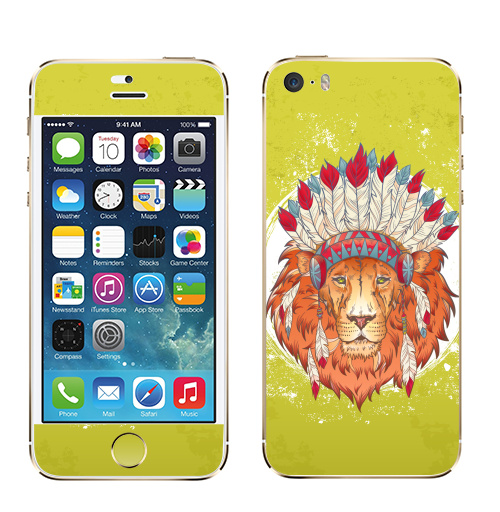 Наклейка на Телефон Apple iPhone 5S, 5SE ВОЖДЬ ЗВЕРЕЙ,  купить в Москве – интернет-магазин Allskins, индеец, животные, лев, иллюстация, перья