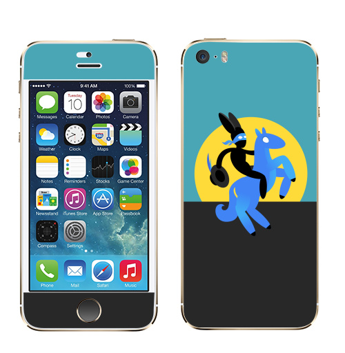 Наклейка на Телефон Apple iPhone 5S, 5SE Синийконь,  купить в Москве – интернет-магазин Allskins, черный, зорро, синий, лошадь, заяц