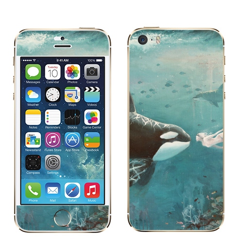 Наклейка на Телефон Apple iPhone 5S, 5SE Орка,  купить в Москве – интернет-магазин Allskins, голубой, любовь, касатка, морская, подводная, дельфины, девушка, зеленый