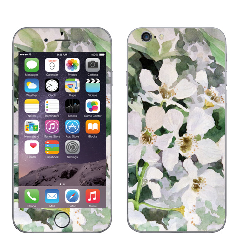 Наклейка на Телефон Apple iPhone 6, 6s Весенние цветы,  купить в Москве – интернет-магазин Allskins, белый, рисунки, акварель, яблоко, цветы, зеленые, графика