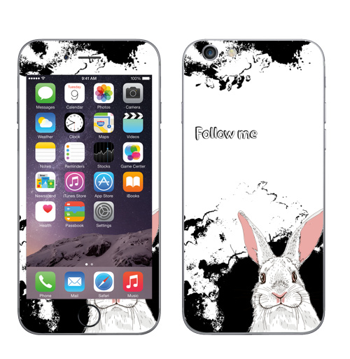 Наклейка на Телефон Apple iPhone 6, 6s Следуй за белым кроликом,  купить в Москве – интернет-магазин Allskins, надписи на английском, заяц, белый, графика, надписи, черный, черно-белое, кролики, животные, зима