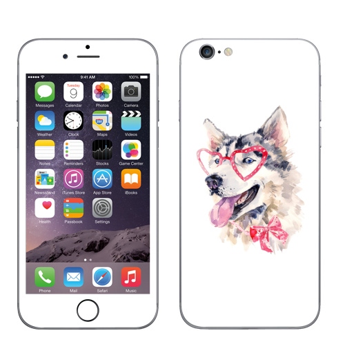 Наклейка на Телефон Apple iPhone 6, 6s Модная собака,  купить в Москве – интернет-магазин Allskins, крутые животные, милые животные, мило, хаски, розовый, очки, акварель, собаки, детские