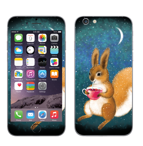 Наклейка на Телефон Apple iPhone 6, 6s Белка-полуночница,  купить в Москве – интернет-магазин Allskins, графика, напиток, шерсть, зима, снег, животные, чай и кофе, белка, месяц