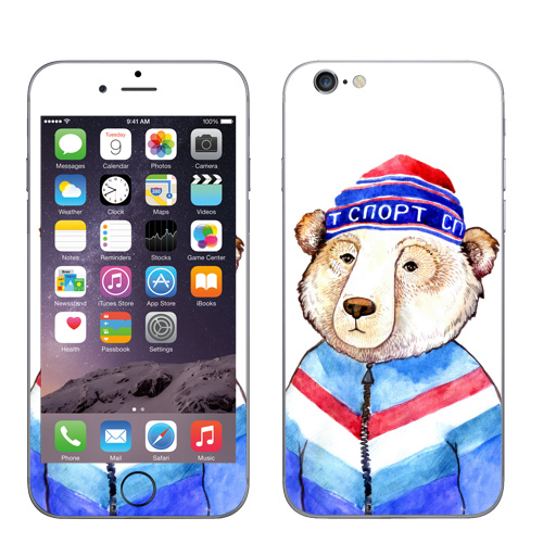 Наклейка на Телефон Apple iPhone 6, 6s Мишаня,  купить в Москве – интернет-магазин Allskins, крутые животные, милые животные, синий, шапка, животные, спорт, михалыч, медведь, Россия, патриотические
