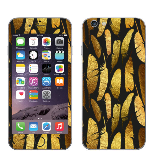 Наклейка на Телефон Apple iPhone 6, 6s - Золотые перья -,  купить в Москве – интернет-магазин Allskins, фольга, текстура, золото, черный, перья, контур