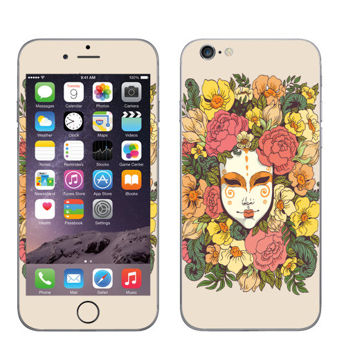 Наклейка на Телефон Apple iPhone 6, 6s Цветочная маска,  купить в Москве – интернет-магазин Allskins, весна, лицо, цветы, маска, узор, декоративный, растение, букет, желтый