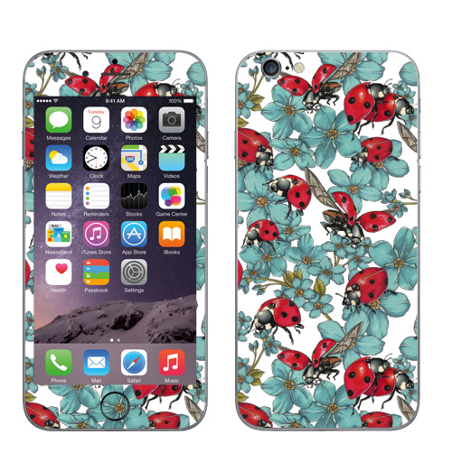 Наклейка на Телефон Apple iPhone 6, 6s Божьи коровки,  купить в Москве – интернет-магазин Allskins, паттерн, насекомые, цветы, голубой, красный