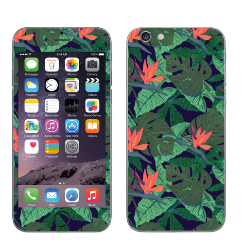 Наклейка на Телефон Apple iPhone 6, 6s Тропический паттерн,  купить в Москве – интернет-магазин Allskins, сочный, монстера, птицы, рай, цветы, текстура, паттерн, джунгли, тропики
