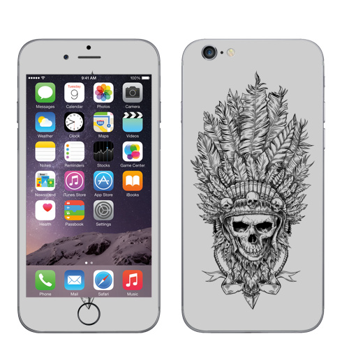 Наклейка на Телефон Apple iPhone 6, 6s Вождь и перья,  купить в Москве – интернет-магазин Allskins, одноцветный, индеец, череп, оружие, лицо, синий, мужик, ковбой, графика