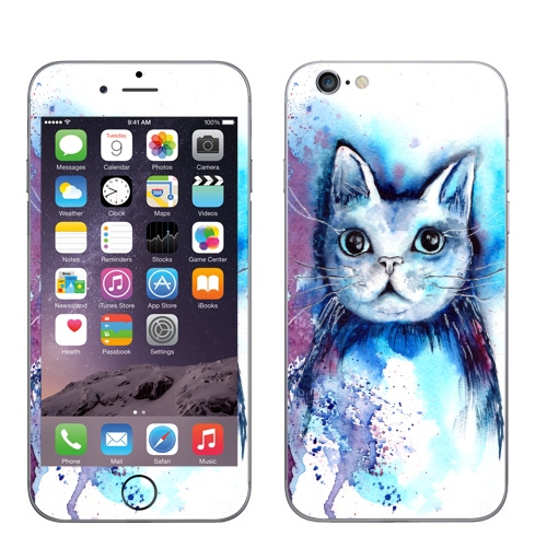 Наклейка на Телефон Apple iPhone 6, 6s Большеглазый космокот,  купить в Москве – интернет-магазин Allskins, кошка, акварель, космос, космокот, голубой, яркий, фиолетовый, красота