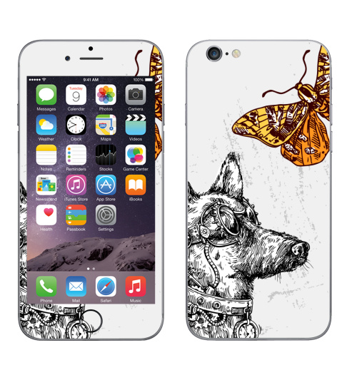 Наклейка на Телефон Apple iPhone 6, 6s Пес-путешественник во времени,  купить в Москве – интернет-магазин Allskins, черно-белое, пестрый, механический, бабочки, фантастика, механика, механизм, стимпанк, собаки