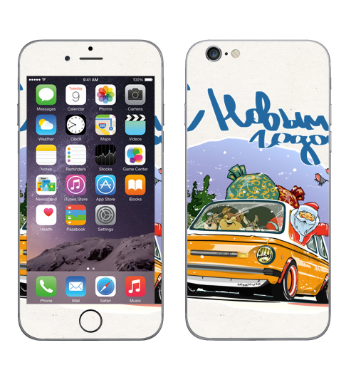 Наклейка на Телефон Apple iPhone 6, 6s Новогоднее ралли,  купить в Москве – интернет-магазин Allskins, новый год, дед, мороз, ралли, автомобиль, Запорожец, запрожец