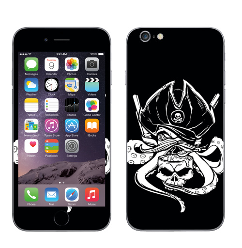Наклейка на Телефон Apple iPhone 6, 6s Осьминог-пират,  купить в Москве – интернет-магазин Allskins, осьминог, пират, мозг, шляпа, усы, еда, ест, оружие, графика