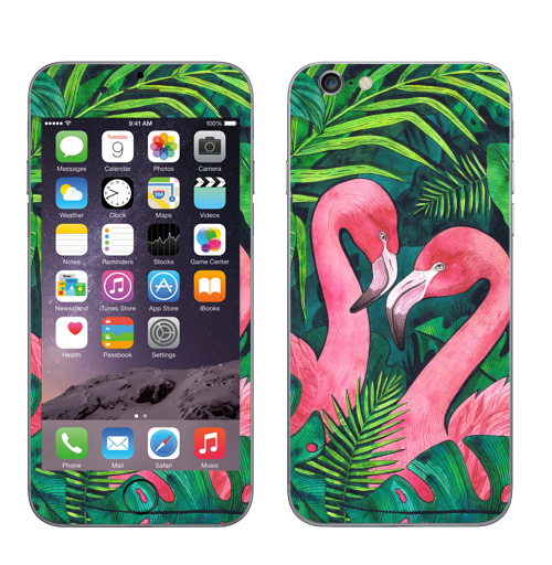 Наклейка на Телефон Apple iPhone 6, 6s Тропические Фламинго,  купить в Москве – интернет-магазин Allskins, розовый, фламинго, птицы, тропики, фауна, акварель, лето, зеленый, 14 февраля