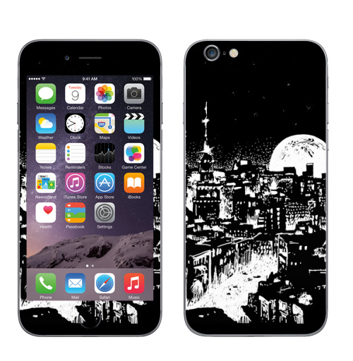 Наклейка на Телефон Apple iPhone 6, 6s Ночной город под луной,  купить в Москве – интернет-магазин Allskins, черно-белое, графика, небо, черный, черное и белое, город, ночь, луна