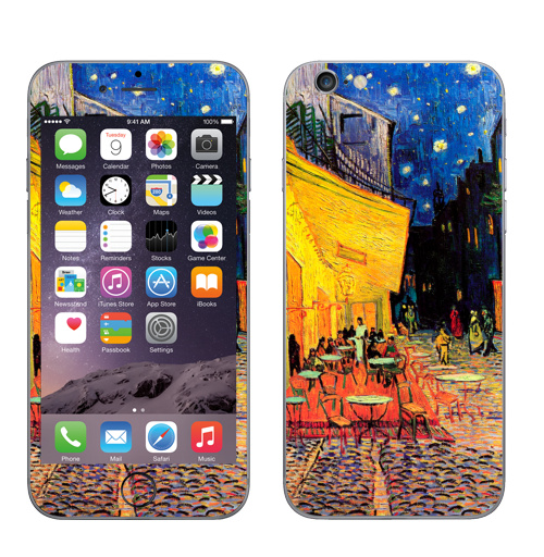Наклейка на Телефон Apple iPhone 6, 6s Ночная террасса кафе. Ван Гог,  купить в Москве – интернет-магазин Allskins, позитив, жизнерадостный, Ночнаятеррасса, Ван Гог, живописный, желтый, синий, красный, живопись, художник, художественный, мазки, кафе, ночь, плакат