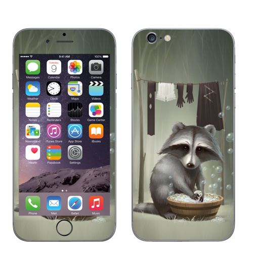 Наклейка на Телефон Apple iPhone 6, 6s Енот полоскун,  купить в Москве – интернет-магазин Allskins, милые животные, прикол, животные, лес, пузырьки, мыльный, стирка, енот