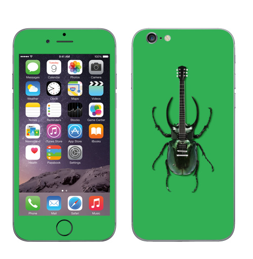 Наклейка на Телефон Apple iPhone 6, 6s Музыка насекомых,  купить в Москве – интернет-магазин Allskins, жук, насекомые, гитара, зеленый, музыка, природа, поп-арт, сюрреализм