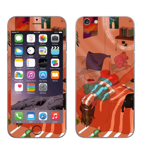 Наклейка на Телефон Apple iPhone 6, 6s Комната,  купить в Москве – интернет-магазин Allskins, лето, оранжевый, кошка, молота, мило, уют, искусство, иллюстация, гирлянда, светлый, девушка