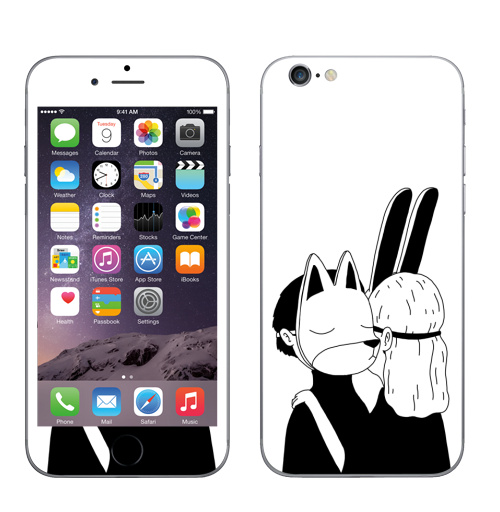 Наклейка на Телефон Apple iPhone 6, 6s Лис и зайка,  купить в Москве – интернет-магазин Allskins, черное и белое, заяц, лиса, любовь