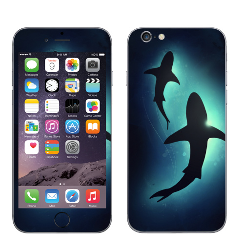 Наклейка на Телефон Apple iPhone 6, 6s Черные акулы,  купить в Москве – интернет-магазин Allskins, брызги, акварель, иллюстация, паттерн, солнце, вода, оекан, морская, рыба, акула