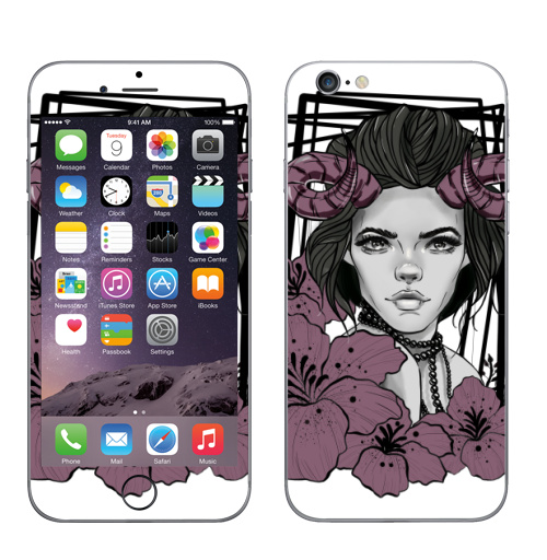 Наклейка на Телефон Apple iPhone 6, 6s Девушка рога цветы,  купить в Москве – интернет-магазин Allskins, рогатый, девушка, мистика, цветы, графика, графические, красота, портреты, черный