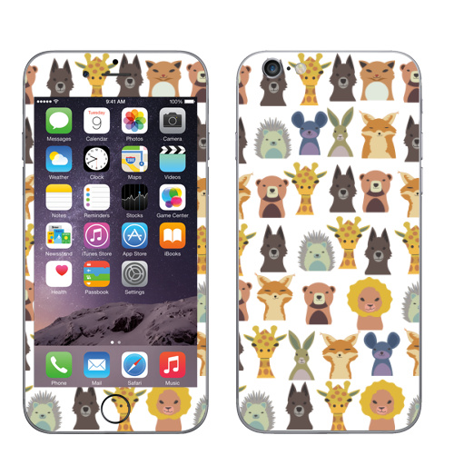 Наклейка на Телефон Apple iPhone 6, 6s Милый зверинец,  купить в Москве – интернет-магазин Allskins, зверинец, мило, ежик, собаки, зайчонок, медведь, заяц, лев, жираф, животные, скопление, много, головы, бюст, милые животные