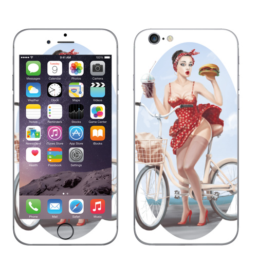 Наклейка на Телефон Apple iPhone 6, 6s Девушка кушает бургер на велосипеде,  купить в Москве – интернет-магазин Allskins, девушка, бургер, велосипед, гозировка, платье, пин ап, красный, губы, горошек, позитив, веселый, радость, еда