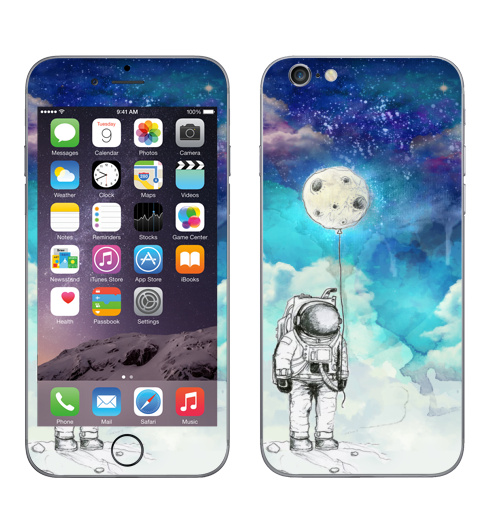Наклейка на Телефон Apple iPhone 6, 6s Космонавт на луне,  купить в Москве – интернет-магазин Allskins, луна, космонавтика, космонавтики, воздушныйшар, небо, ночноенебо, пейзаж, акварель, сюрреализм, голубой, синий, фиолетовый, стильно, яркий, роскошно, дорого, для_влюбленных, длявсех, космос