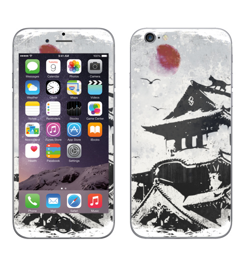 Наклейка на Телефон Apple iPhone 6, 6s Кошка и Замок,  купить в Москве – интернет-магазин Allskins, философские, кошка, Япония, самурай, ниндзя, katana, луна, клан, черный, сакура, кот самурай, замок, птицы, минимализм